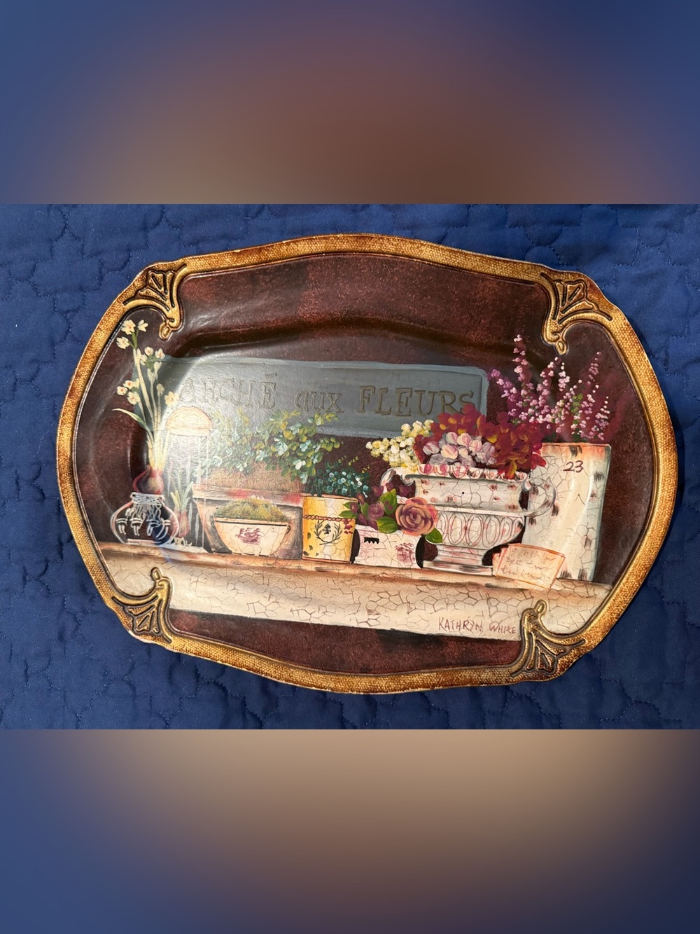 Hand-Painted Floral Wall Tray in Brown and Gold